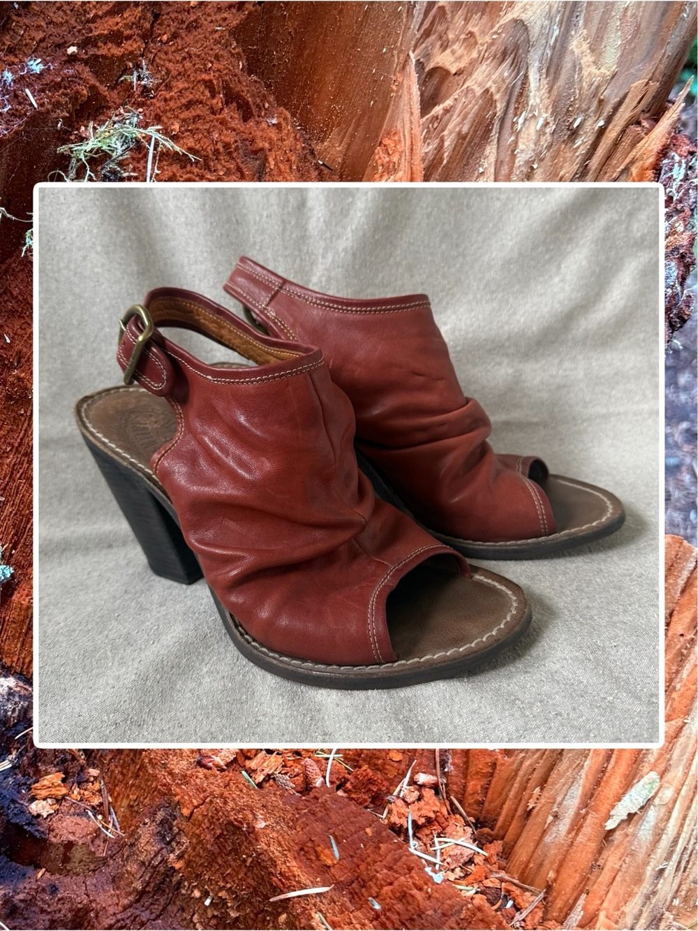 Fiorentini + Baker Rust Ruched Leather Block Heel Open-Toe Sandals size 40 US 10